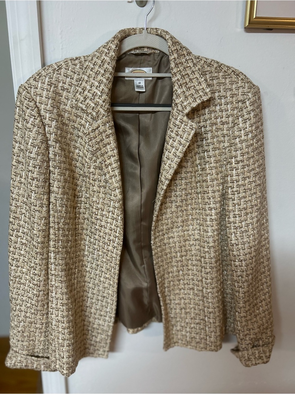Talbots Neutral Beige Tweed Open-Front Blazer